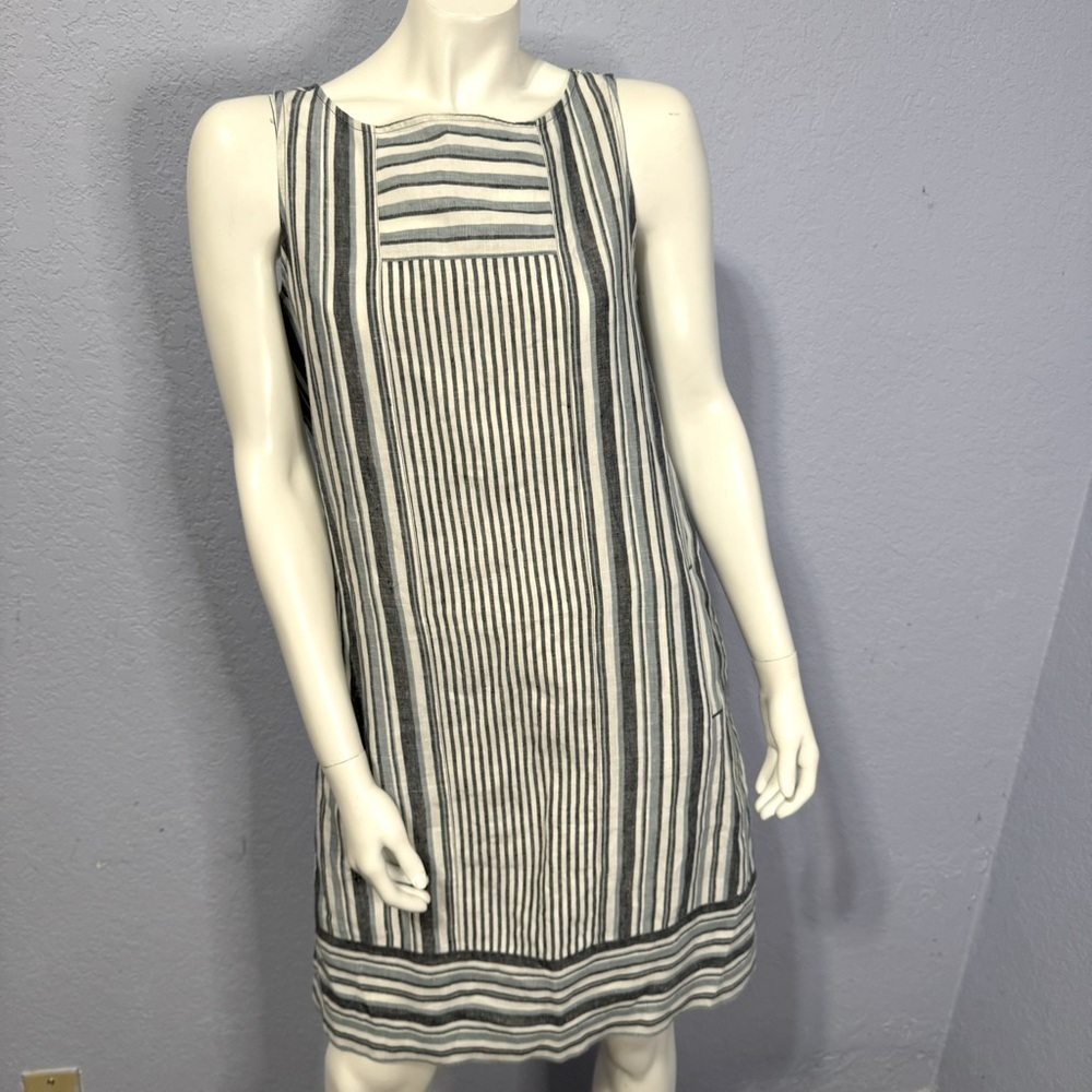 J. Jill Love Linen Dress Sleeveless 100% Linen Blue White Stripe Shift Nautical